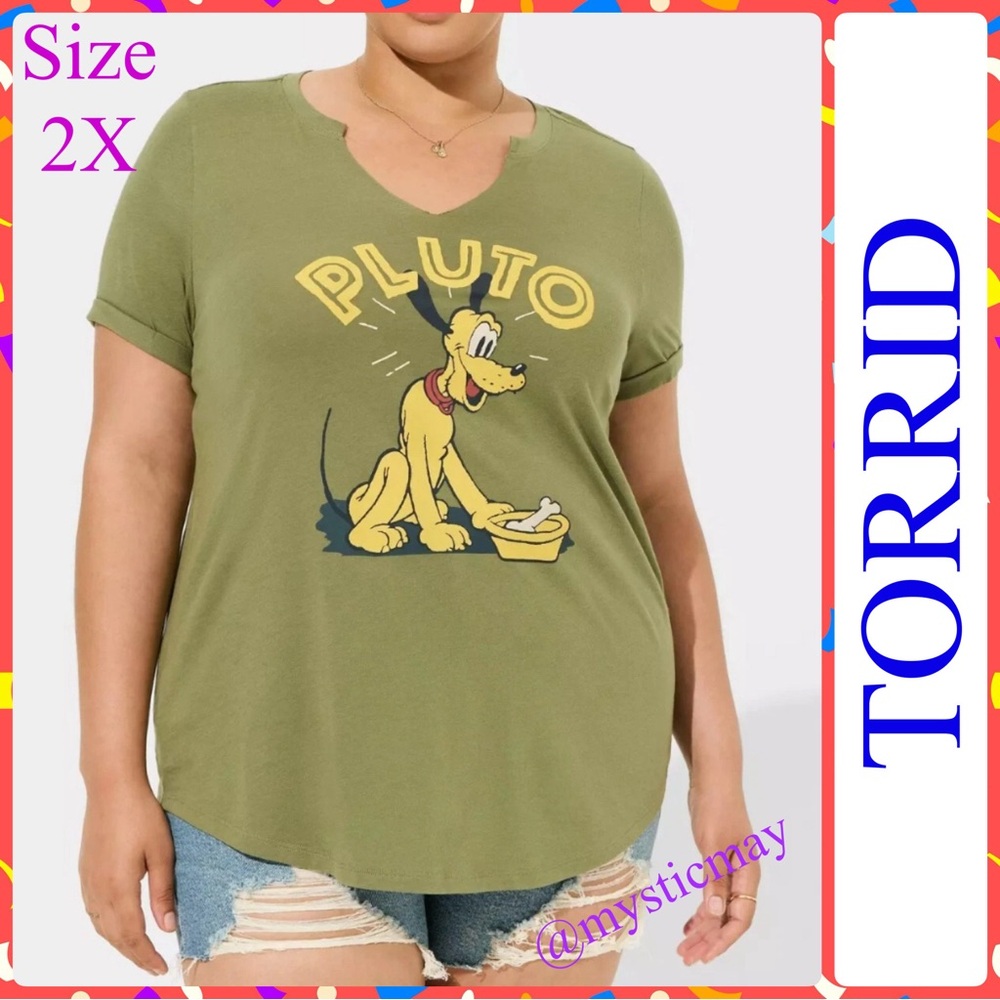 TORRID Army Green Disney Pluto Classic Fit Graphic Tee w Cuffed Sleeves Size 2X
